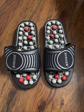 BYRIVER Black Massage Slide Sandals with Red & Gray Nodes PSC12